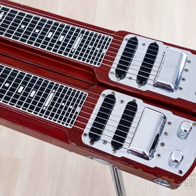1955 Fender Stringmaster Dual 8 Console Lap Steel Double Neck Push Button, Red w/ Legs & Tweed Case image 7