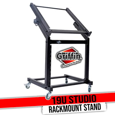 GRIFFIN 19U Rack Mount Rolling Stand (StudioZ PROSteel Series) & Adjustable Mixer Platform Rails – Cart Holder for Audio Music Recording Cabinet – Stage Equipment DJ Gear Storage Case for Amplifier