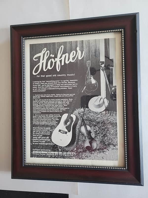 1974 Hofner Musical Instruments Promotional Ad Framed Hofner Folk Instruments, Guitar, Fiddle Orig image 1