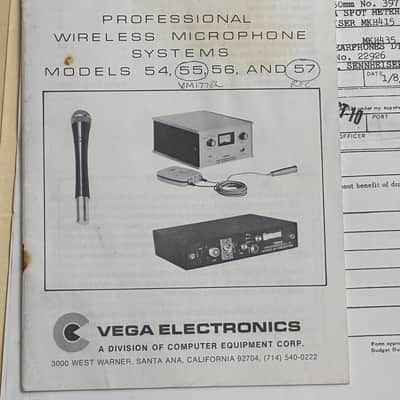 Vega Professional II Model 57 Wireless Mic System Lot 1973 image 6