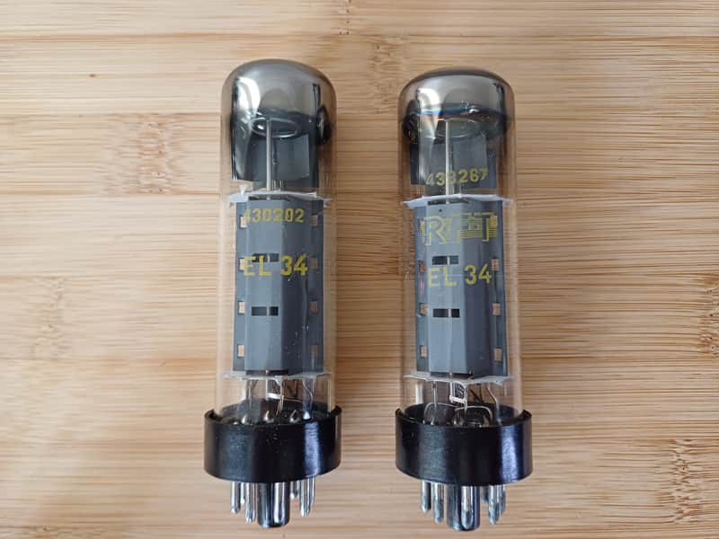 Beautiful NOS RFT  EL34 6CA7  early SHORT BASE model !!! perfectly matched pair  great Mullard substitute Orange Hiwatt Marshall Bild 1