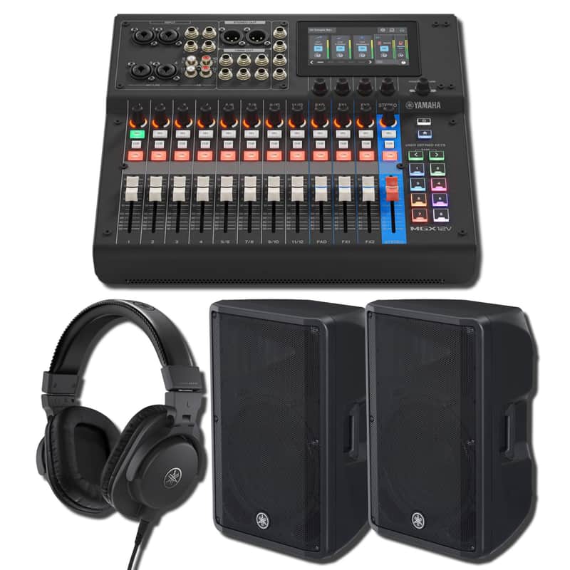 Yamaha MGX12V B 18-Channel Digital Mixing Console Hybrid Streaming PA Bundle with 2x DBR15 15-Inch 1,000W Powered Loudspeakers and HPH-MT5 Studio Monitor Headphones image 1