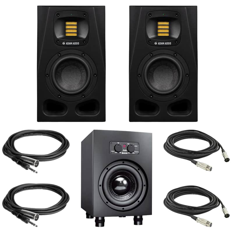 Adam Audio A4V 4" Active Studio Monitor w/ 1" X-ART Tweeter (Pair) with Adam Audio Sub 8 8" Studio Subwoofer and Cables image 1