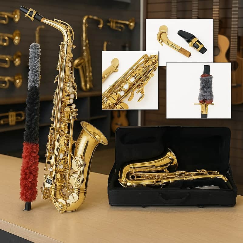 Mid-Range Alto Saxophone – Lacquered Brass with Carved Design, Complete Starter Kit with Mouthpiece, Reed, Gloves & Cleaning Accessories image 1
