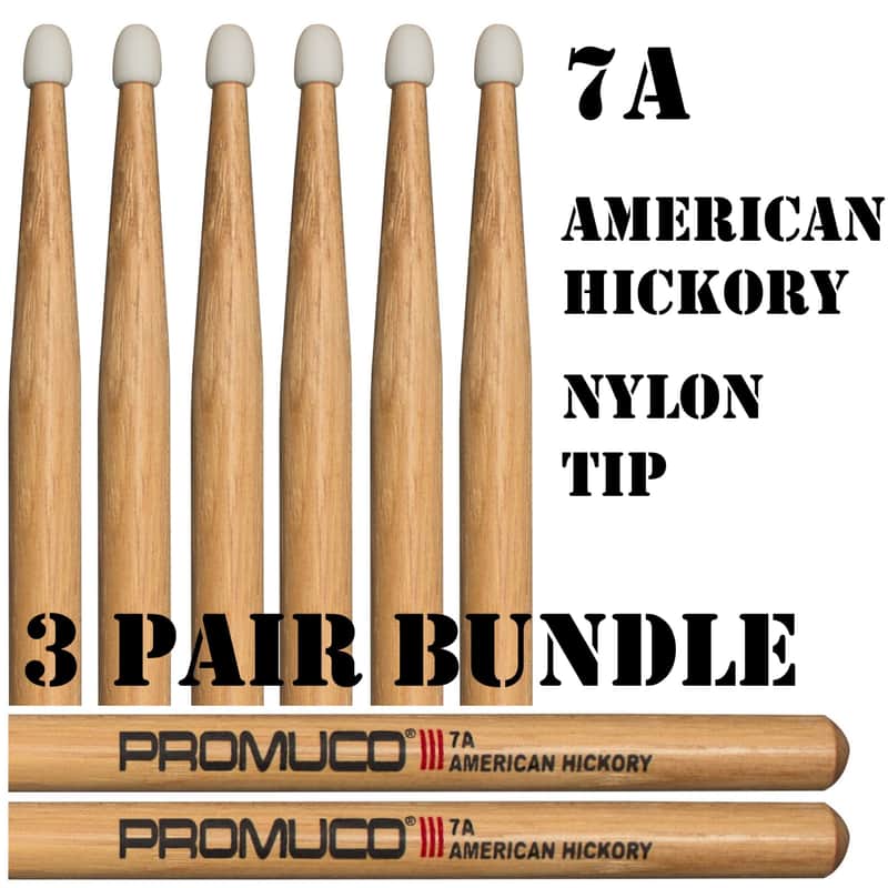 Promuco American Hickory Drumsticks 7A Nylon Tip 3 Pair Bundle image 1