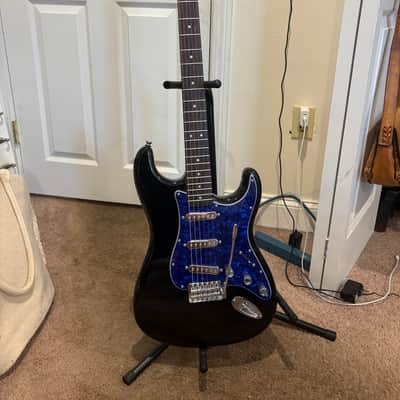 1 of 1 Custom Fender Squier Strat "Midnight Ocean" 2011 - Glossy Black Body w/ Blue Pearl Pickgaurd + Silver Pickups & Control Knobs | Rosewood Fretboard | Hand Painted Headstock | Silver Whammy Bar (Tremelo Arm) | Moon / Ocean / Nautical image 5