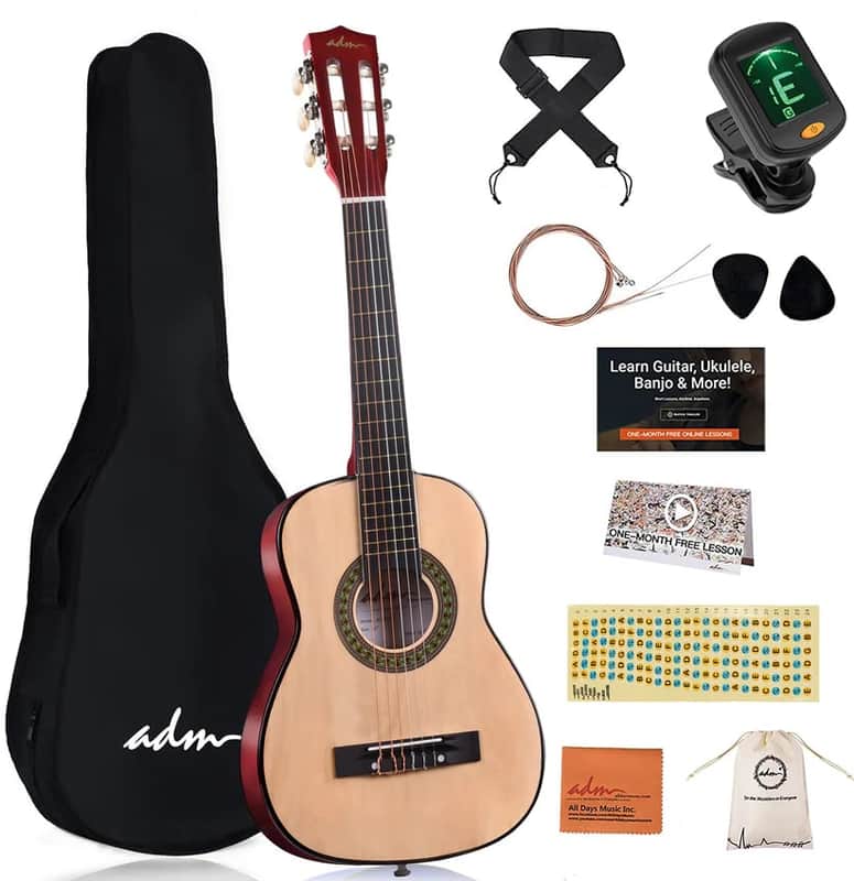 ADM Beginner Acoustic Classical Guitar 30 Inch Nylon Strings Wooden Guitar Bundle Kit for Kid Boy Girl Student Youth Guitarra Online Lessons with Gig Bag, Strap, Tuner, Extra String, Pick,Natural image 1