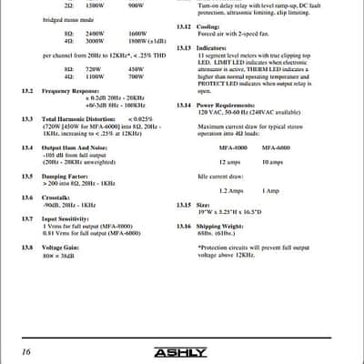 ASHLY MFA -6000 DUAL MONORAL AMPLIFIER 2 x 800 Watts 4 Ohms image 10
