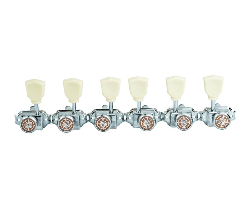 Guyker 3x3 Vintage Style Locking Guitar Machine Heads – 1:15 Ratio Lock String Chrome Deluxe Tuning Key Pegs Tuners Set Replacement for Electric, Acoustic or Folk Guitars - GK44sp, White Button image 1