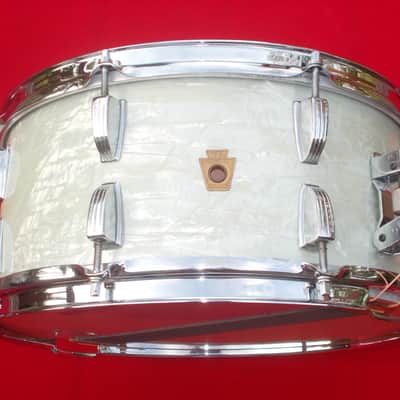 Vintage 1957 Ludwig WFL 6.5x14 White Marine Pearl Snare Drum image 1