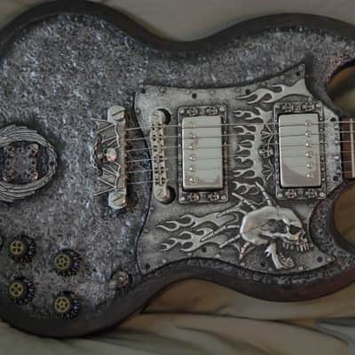 Steampunk Skull Epiphone SG G-400 Guitar Hand sculpted top hand made metal skull parts rings knobs image 1