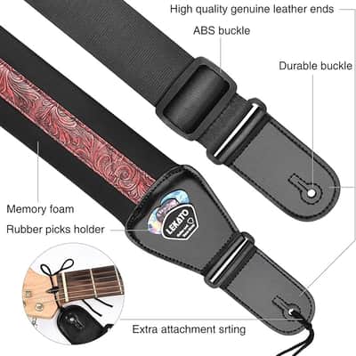 Bass Guitar Strap for Electric Guitar & Bass 3" Wide Guitar Straps Padded Bass Guitar Strap Adjustable Length from 45" to 55" Bass Guitar Straps with Pick Holder 2 Safety Strap Locks & 6 Picks image 2