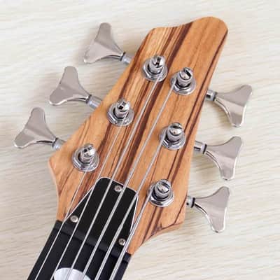 Custom Left Handed 6 String Electric Bass, Zebra Wood Top Body, Maple Neck Through, 24 Frets Fingerboard image 5