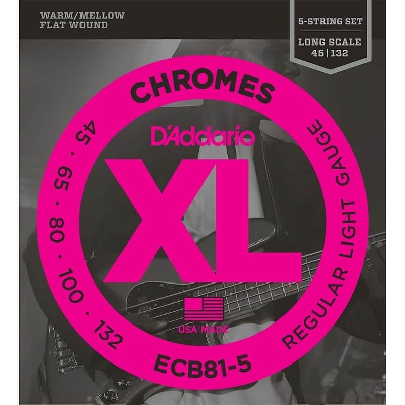 D'Addario ECB81-5 XL Chromes Flatwound 5-String Bass Guitar Strings, Light Gauge Long Scale image 1