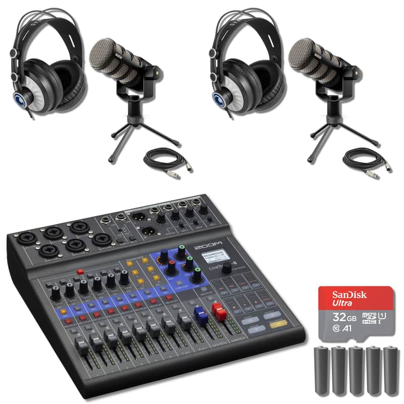 Zoom LiveTrak L-8 8-Channel Digital Mixer and Recorder with 2x Rode PodMics, 2x Monitoring Headphones, 2x Mini Tripod Desktop Mic Stands, 2x XLR Cables, 10x AA Batteries and 32GB microSD Card image 1