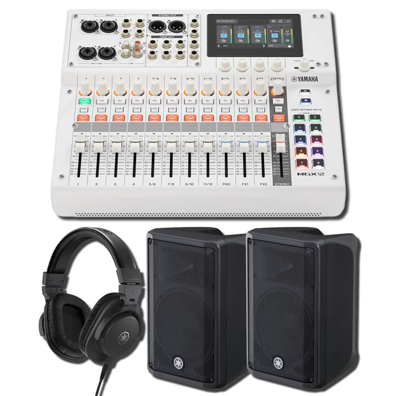 Yamaha MGX12 W 18-Channel Digital Mixing Console Monitoring Bundle with Two DBR10 10-Inch 700W Powered Speakers and HPH-MT5 Closed-Back Studio Headphones image 1