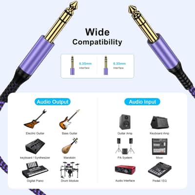 1/4 Inch TRS Instrument Cable 20FT 6.35mm Guitar Bass AMP Cord 6.35mm 1/4 TRS Balanced Stereo Audio Male to Male Cable for Electric Guitar, Bass, Keyboard, Mixer, Amplifier, Speaker image 2