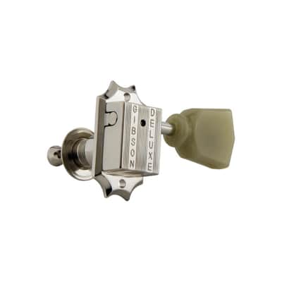 Gibson PMMH-010 Deluxe Green Key 3+3 Machine Heads - Vintage Nickel w/ Pearloid Buttons image 4