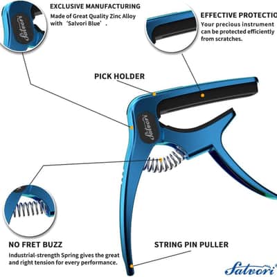 Salvori Exclusive Gradient 'Blue-Plated' Heavy-Duty Guitar Capo for Acoustic/Electric Guitar with 4 Picks, Guitar Clip/Guitar Clamp/Guitar Accessories for Classical Guitar, Ukulele, Mandolin and Banjo image 2