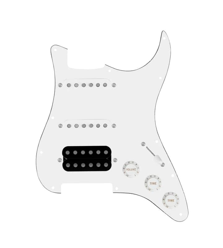 920D Custom HSS Loaded Pickguard For Strat With An Uncovered Cool Kids Humbucker, White Texas Grit Pickups, Black Knobs, and White Pickguard image 1