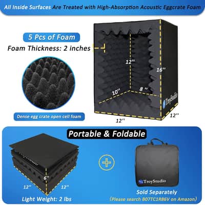 Portable Vocal Booth – Large Foldable Microphone Isolation Shield with Acoustic Foam for Recording Studio, Desk & Mic Stand Use image 2