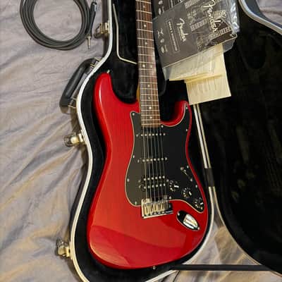 2005 Fender American Deluxe, Mahogany Stratocaster HSS with Rosewood Fretboard  - Crimson Red Transparent image 1