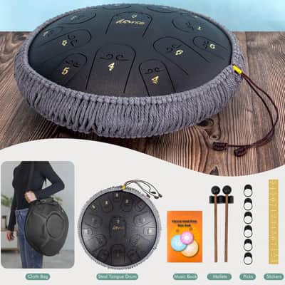 Steel Tongue Drum, Horse 14 Inch 15 Tones Tank Drum C Key Percussion Steel Drum Kit with Drum Mallets Note Stickers Finger Picks Mallet Bracket and Gig Bag(14 Inch 15 Tones Grey) image 4