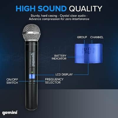 Gemini Sound Pro Dual Wireless Microphone System, Professional Handheld Long Range (150 Ft) Mic Set for DJ, Church, Karaoke, XLR Connector, 2 (UHF-6200M) Microfono image 3
