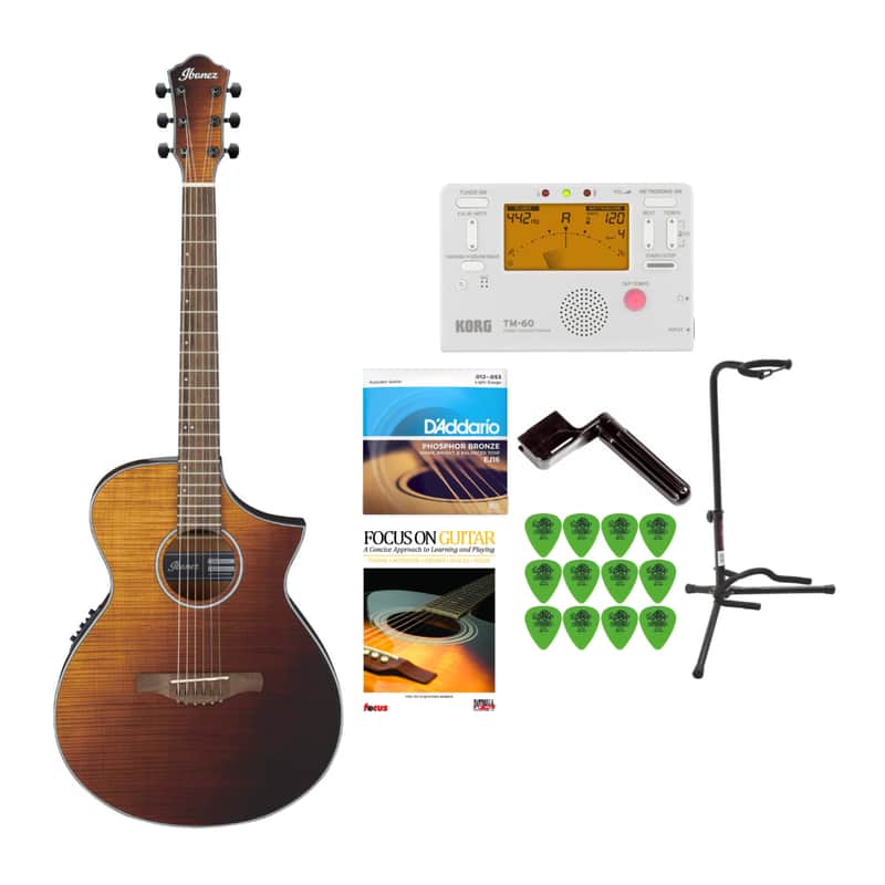 Ibanez AEWC32FM Series 6-String Acoustic-Electric Guitar (Amber Sunset Fade High Gloss) with Tuner, Guitar Stand, Guitar Strings, Guitar Learning Book, String Winder and Guitar Picks Bundle image 1