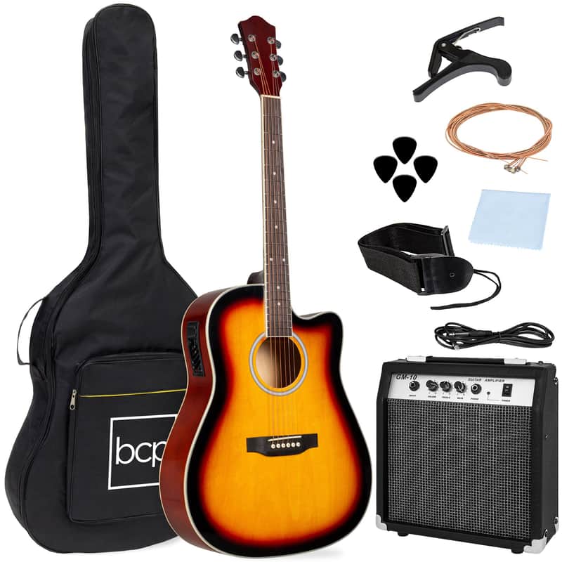 Best Choice Products Beginner Acoustic Electric Cutaway Guitar Set w/ Case, Strap - 41in-Sunburst image 1