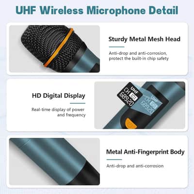 Wireless Microphones, UHF Metal Rechargeable Cordless Dynamic Mic System with Auto-Connect Receiver, 160ft Range Professional Wireless Microphone for Karaoke, Party and PA System image 2