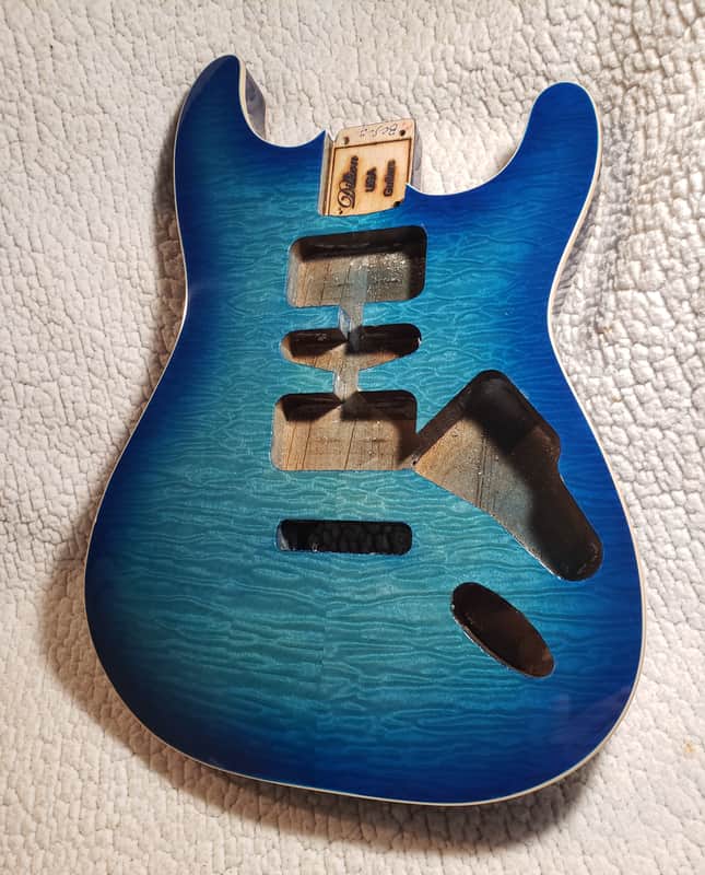 # BCS-7-Our last, USA made, Double bound Roasted Alder body in blue clouds with Killer 5A quilt maple top. Made for a Strat neck image 1