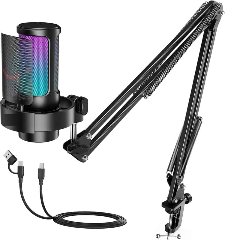 USB Gaming Microphone Kit, PC Streaming Mic with RGB Lights, Mute, Gain Knob, Metal Boom Arm for Recording Podcast, Condenser Computer Microphone Set image 1