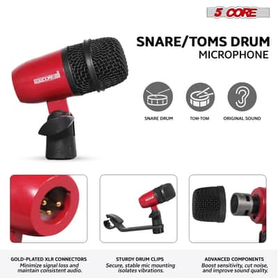 5 Core 9 Piece Drum Microphone Set w Kick Bass, Tom/Snare and Condenser Hi Hat & Cymbals Mics - Red image 3