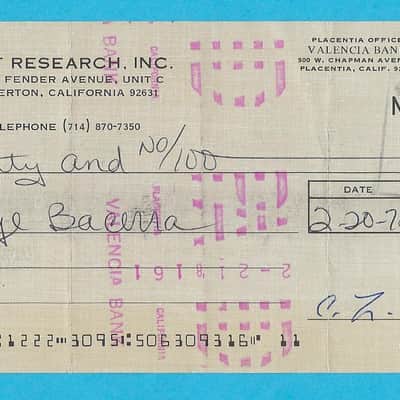 Leo Fender 1978 C.L.F. Research, Inc. Signed Business Check JSA Certificate of Authenticity RARE image 2