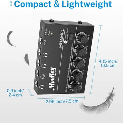 4 Channels Headphone Amp Amplifier Stereo Audio Mini Headphone Portable Amplifier  - 4x Quarter Inch Balanced TRS Headphone Output and TRS Audio Input image 2