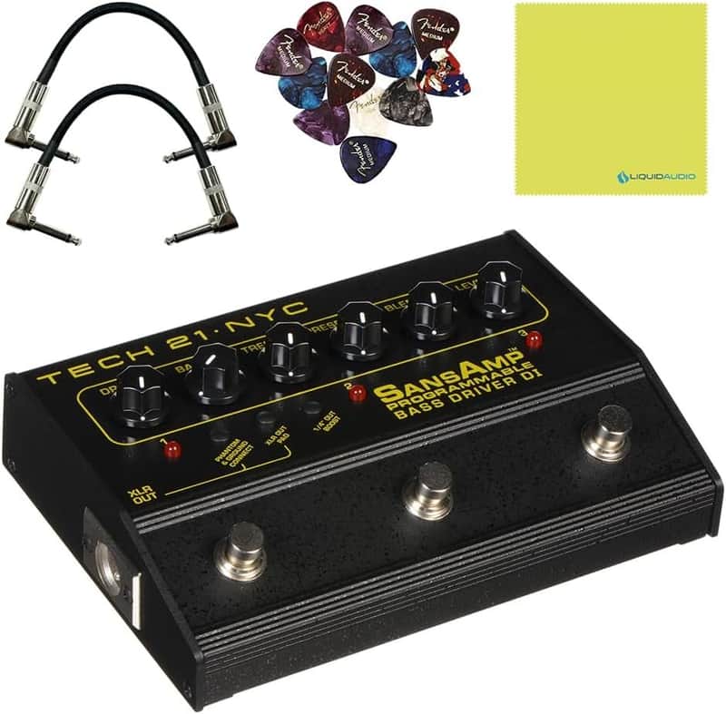 Tech 21 PBDR SansAmp Programmable Bass Driver DI 3-Channel Bundle w/ 2X Strukture S6P48 Woven Right Angle Patch Cables, 12x Fender Picks and Liquid Audio Polishing Cloth image 1