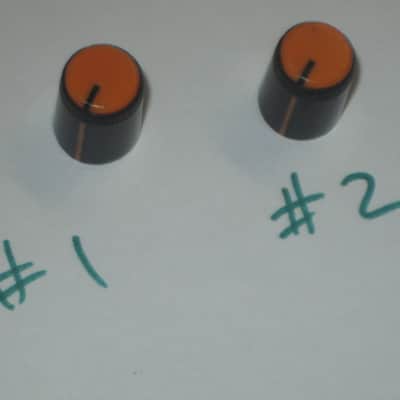 two used genuine Boss DF-2 KNOB, fits split shaft shaft (stem) mid 1980s/early 1990s - TOP: orange with black marker // SIDES: black // hard plastic (NO: pedal/other items) TOP side: some short scratches & few nicks / BLACK areas: few scratches image 3