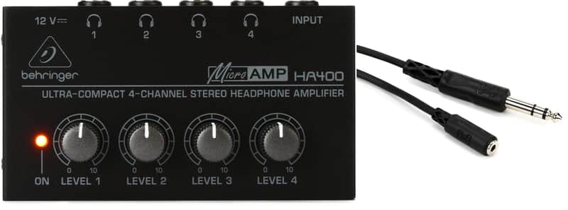 Behringer MicroAMP HA400 4-channel Headphone Amplifier Bundle with Hosa MHE-310 3.5mm TRS Female to 1/4-inch TRS Male Extension Cable - 10 foot image 1