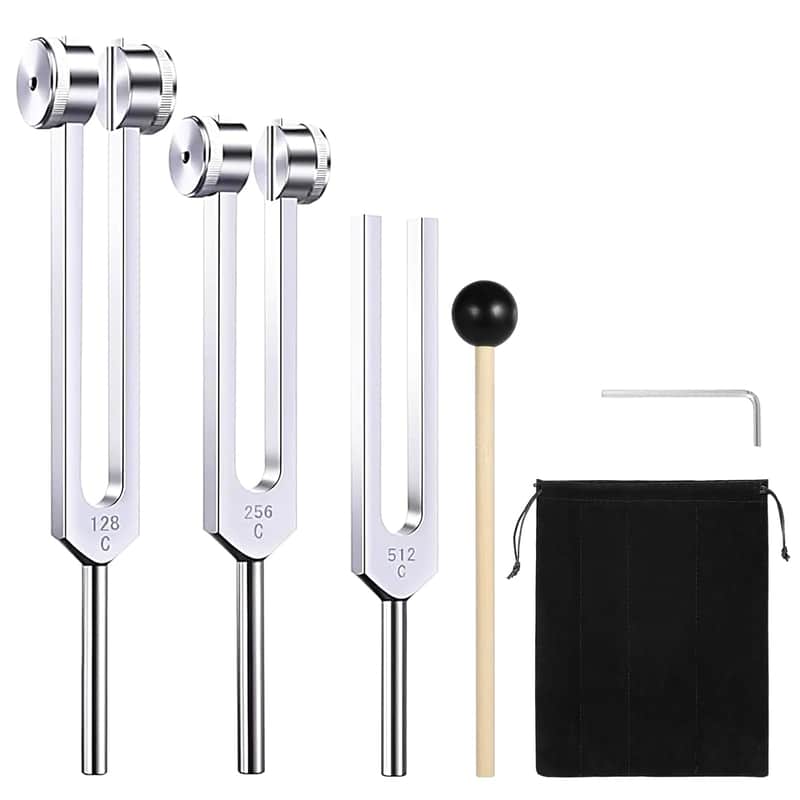 Tuning Fork Set (128Hz, 256Hz, 512Hz) Of 3, Weighted & Unweighted Aluminum Forks With Reflex Hammer And Storage Bag For Chakra/Healing/Medical/Sound Therapy Instruments/Yoga/Meditation Accessories image 1