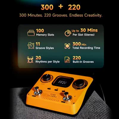 FLAMMA FF20 Looper Pedal Drum Machine Drum Looper Guitar Pedal with Screen 300 Min Recording 220 Drum Grooves 100 Loop Slots Time Stretch Auto Record USB & Headphone Out for Guitar and Bass Orange image 7