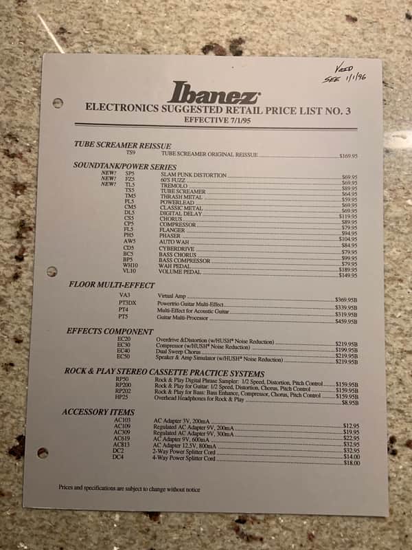 Vintage 1995 Ibanez Electronics Suggested Retail Price List! image 1