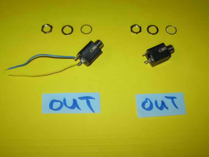 TWO lightly used genuine BOSS OUTPUT jacks (for compact sized pedals) + nuts & washers - ONE jack has two wires (blue & yellow) attached to it - they work fine (specifically from 2010 (but can be used on other year BOSS pedals) NO pedal / NO other parts image 1
