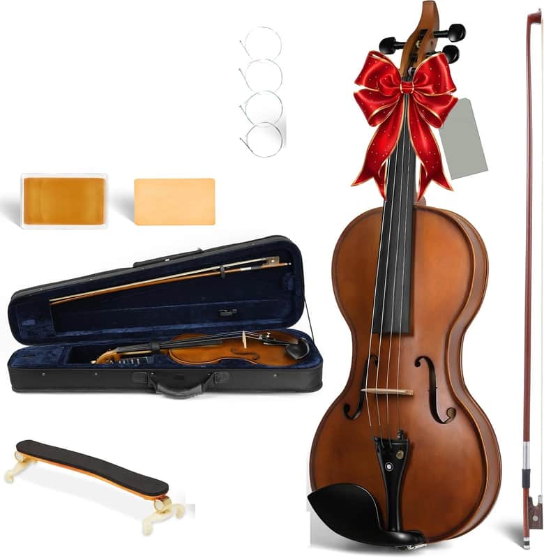 4/4 Violin Set: Ergonomic Body, Solid Spruce Top Fiddle, Maple Back, Acoustic Beginner Violin with Hard Case, Lesson Book, Bow, Shoulder Rest, Tuner, Fretboard Stickers, Matte Brown image 1