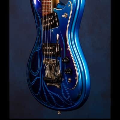 Mosrite [Vibramute Model] specially built for Mick Mars of Mötley Crüe by Semie Mosely 1991 Metallic blue/purple with flame pinstriping image 13
