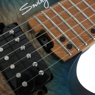 Swing UV-1F Matte Blue Burst Headless Electric Guitar Burl Top Fan Fret Multi Scale image 4