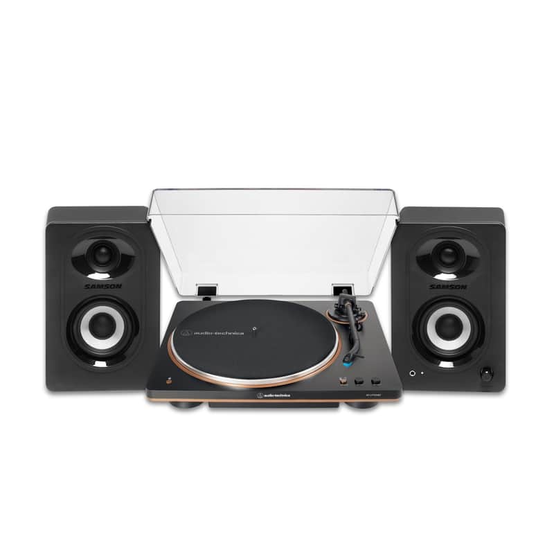 Audio-Technica AT-LP70XBT-BZ Fully Automatic Wireless Belt-Drive Turntable (Black and Bronze) Bundle with M30BT MediaOne 3-Inch Powered Bluetooth Studio 20W Monitors Pair (Black)