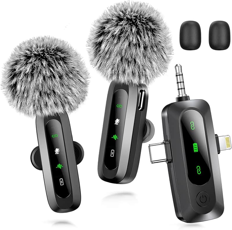 3 in 1 Mini Microphone for iPhone, Android, Camera, LED Display Wireless Lavalier Microphone for Video Recording, Clip on Lapel Lav Mics with Noise Reduction for Interview Vlog YouTube TikTok image 1