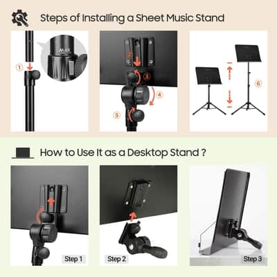 5 in 1 Dual-use Sheet Music Stand & Desktop Book Stand Metal Portable Solid Back Height Adjustable from 31.4-57in with Book Stand Support, Carrying Bag, Sheet Music Folder and Clip image 3