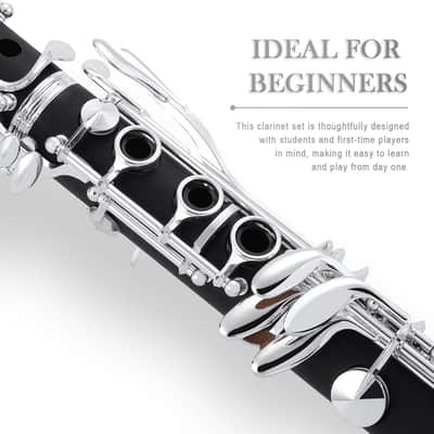 Flat Clarinet for Beginner & Student, Nickel-plated Bb Ebonite Clarinet 2 Barrels, Reeds with Cleaning Kit, White Gloves and Hard Case, Black image 3
